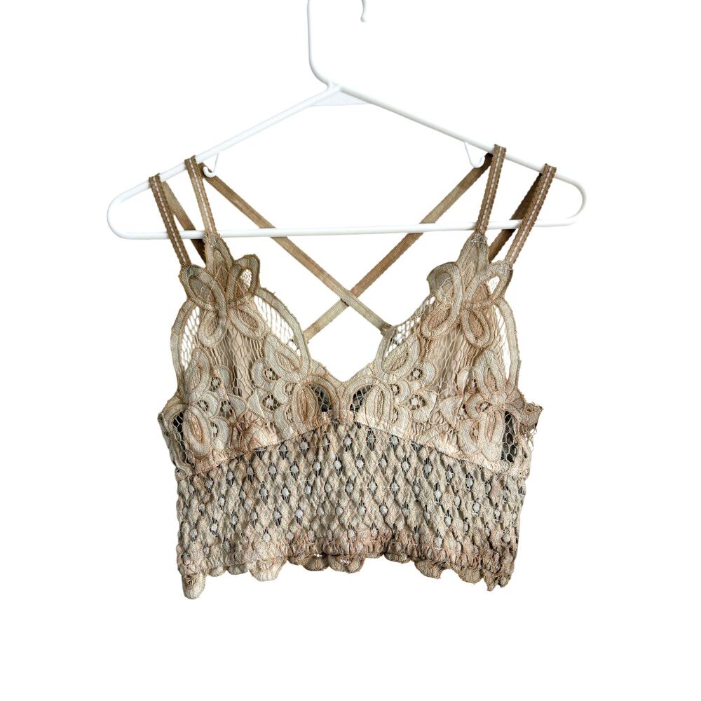 NWT POL Lace Crop Top Bralette Smocked Tan Medium Boho Chic Fairy Grunge